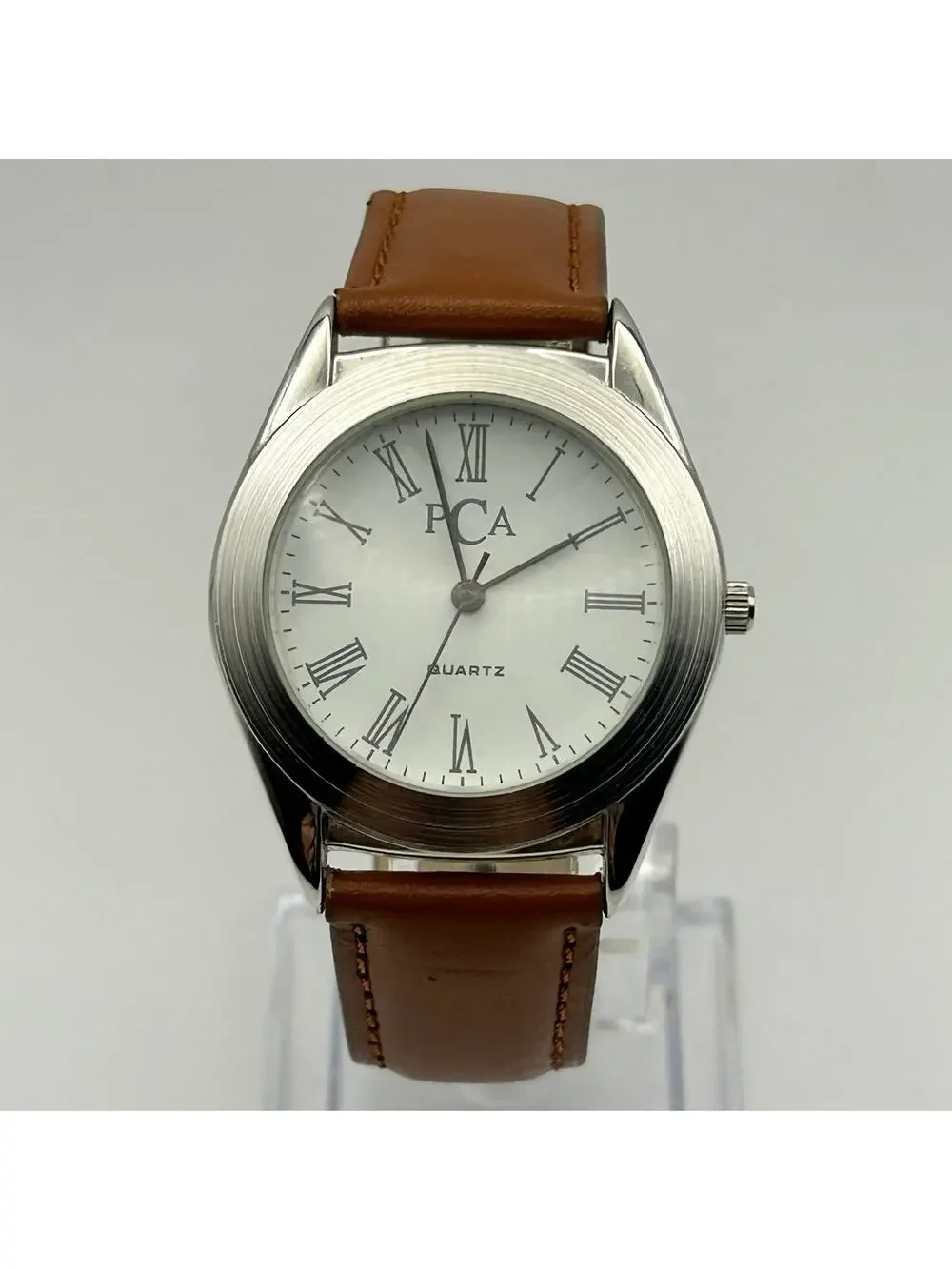 Pier Carlo D'Alessio (PCA) Silver Tone Brown Leather Watch Working New Battery